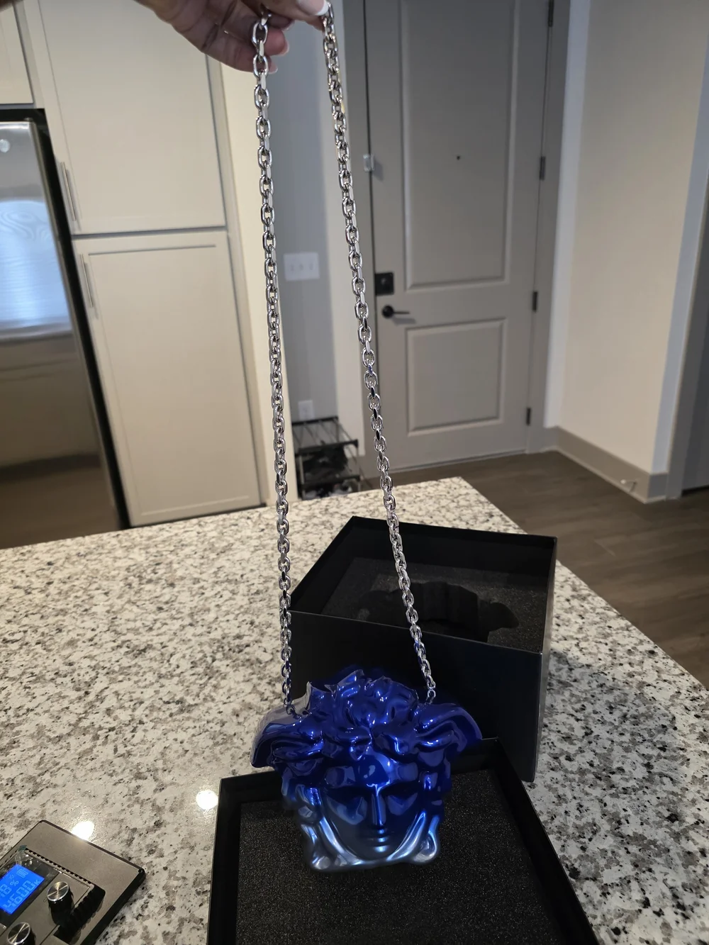 Blue-to-Silver Gradient Medusa Head Crossbody Bag with Chain